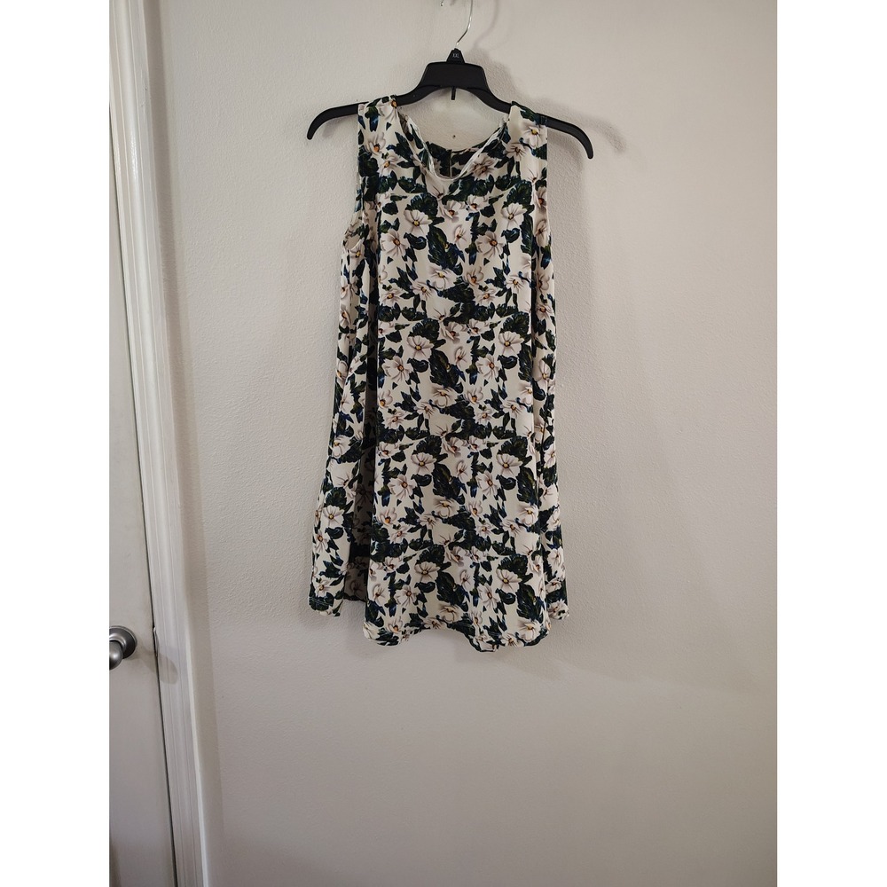 F&F‎ Women White Green Floral Sleeveless Shift Dress Round Neck Size Small